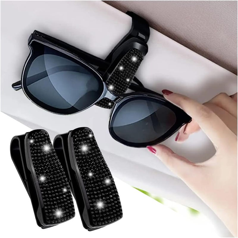 Turcee Set of 2 Bling Rhinestone Car Sun Visor Glasses Holders with Anti-Scratch Sponge,Car Decoration for Women Girls,Ticket Card Clip Visor Organizer,Universal Rhinestone Auto Accessories (Black-2pcs) - Image 1